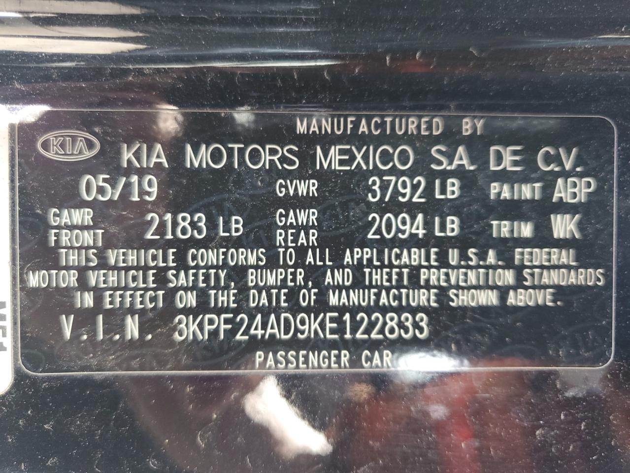 2019 Kia Forte Fe VIN: 3KPF24AD9KE122833 Lot: 66898825