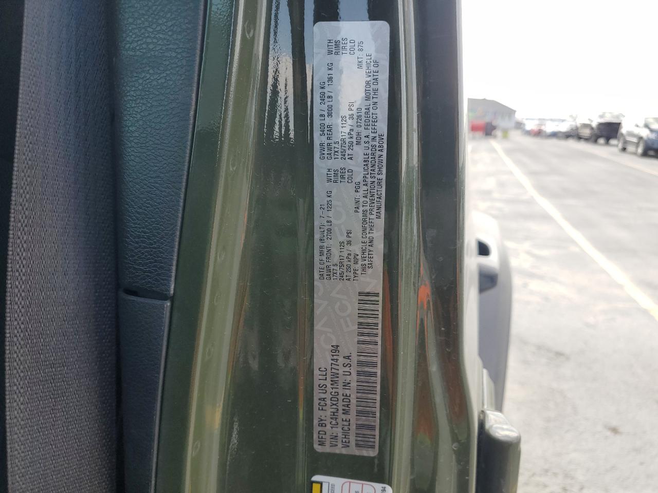 2021 Jeep Wrangler Unlimited Sport VIN: 1C4HJXDG1MW774194 Lot: 63698175
