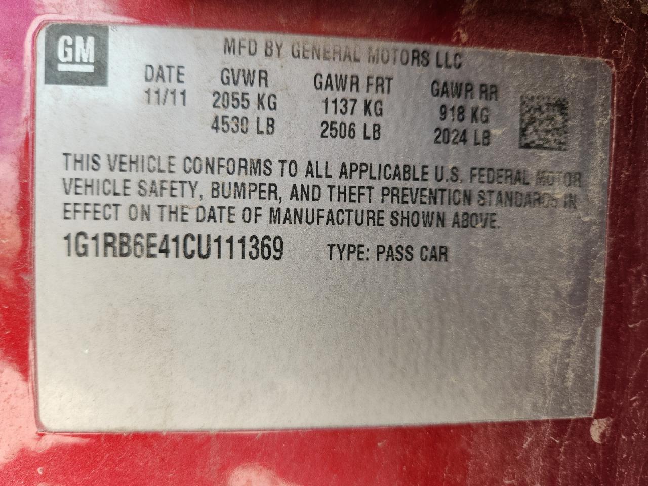 2012 Chevrolet Volt VIN: 1G1RB6E41CU111369 Lot: 63101165