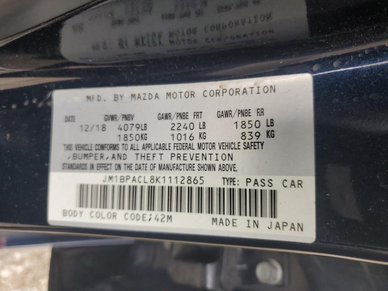 2019 Mazda 3 Preferred Plus VIN: JM1BPACL8K1112865 Lot: 65096095
