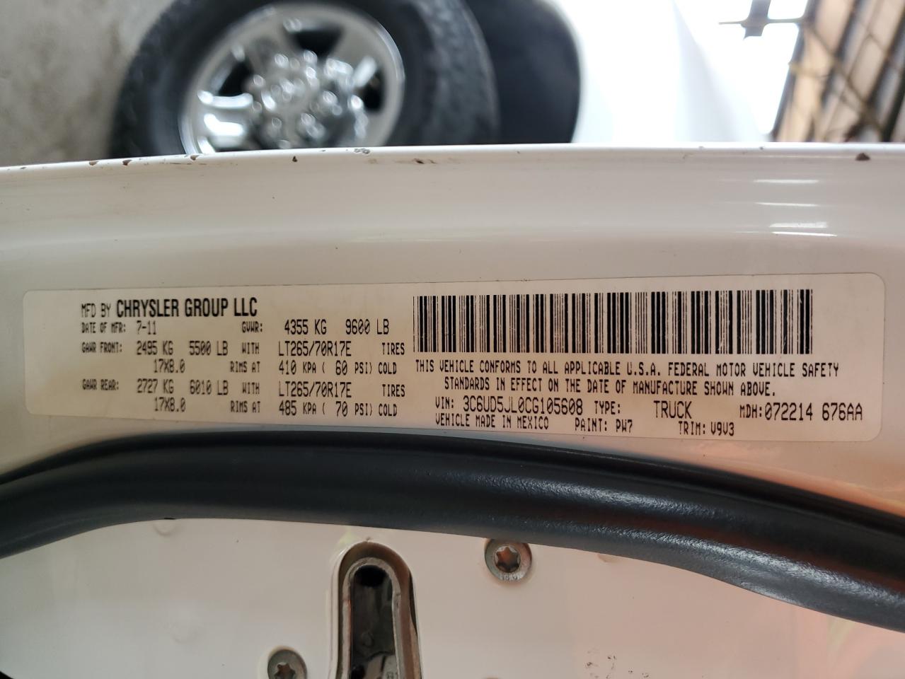 2012 Dodge Ram 2500 Slt VIN: 3C6UD5JL0CG105608 Lot: 64405505