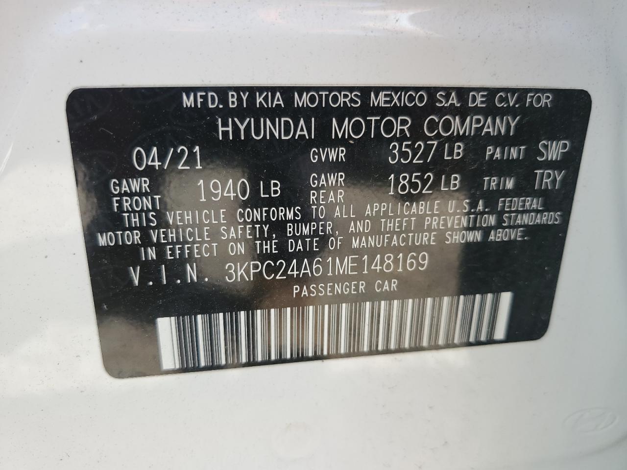 2021 Hyundai Accent Se VIN: 3KPC24A61ME148169 Lot: 65036255