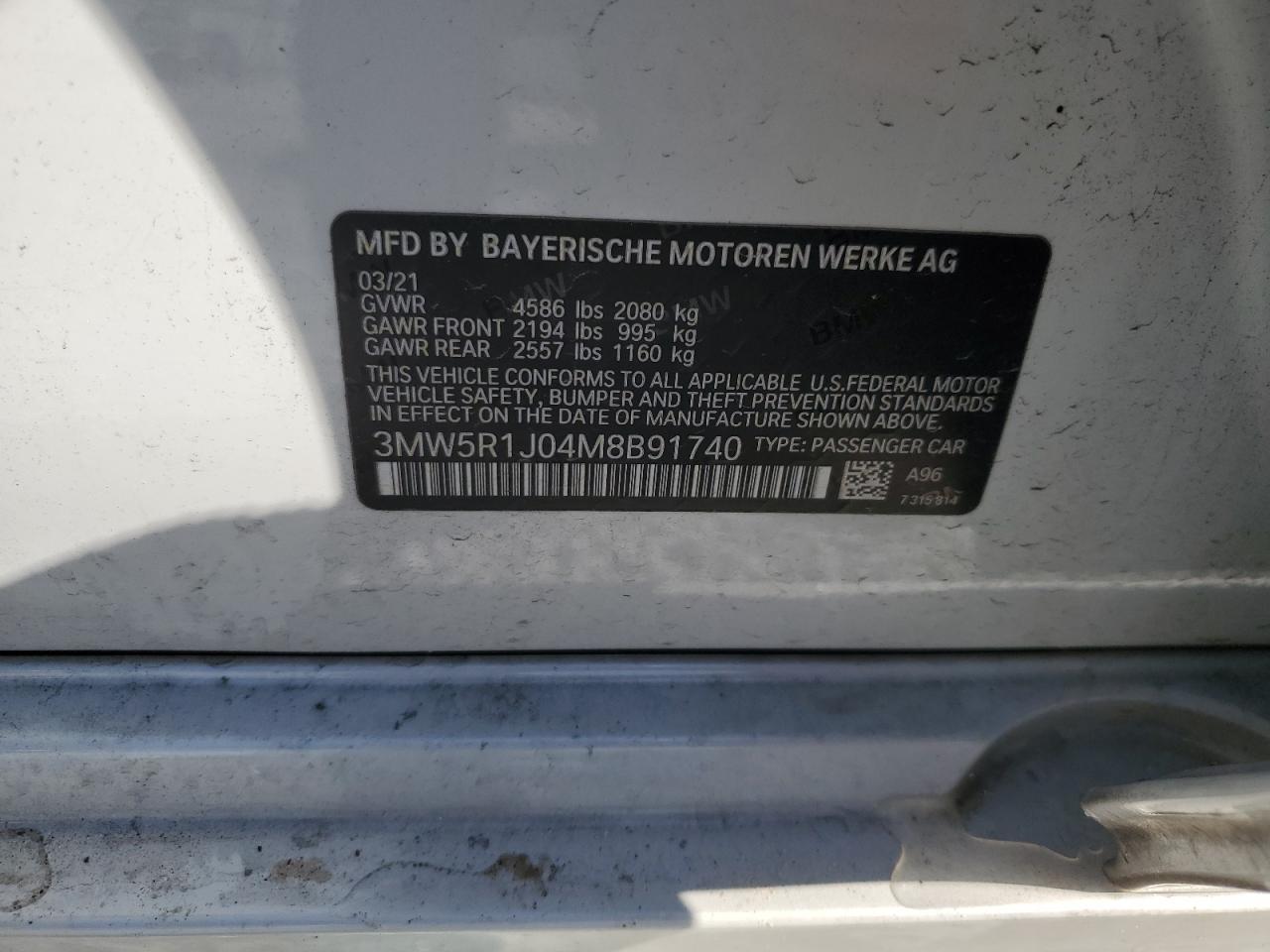 2021 BMW 330I VIN: 3MW5R1J04M8B91740 Lot: 64383555