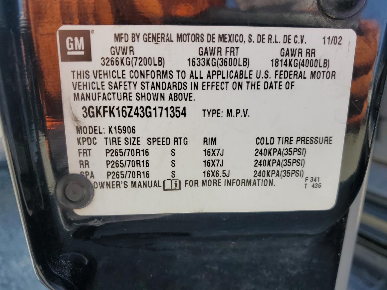 2003 GMC Yukon Xl K1500 VIN: 3GKFK16Z43G171354 Lot: 62671455