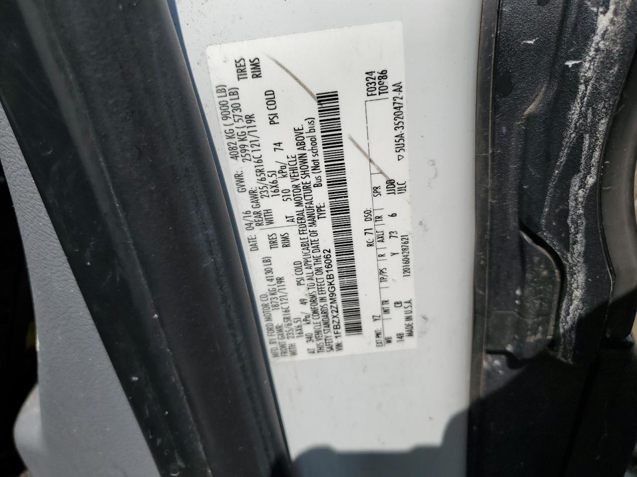 2016 Ford Transit T-350 VIN: 1FBZX2ZM9GKB16062 Lot: 64840175