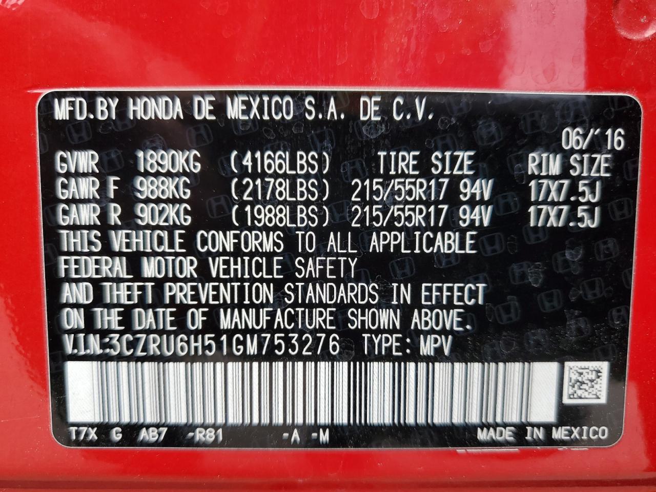 2016 Honda Hr-V Ex VIN: 3CZRU6H51GM753276 Lot: 64819075
