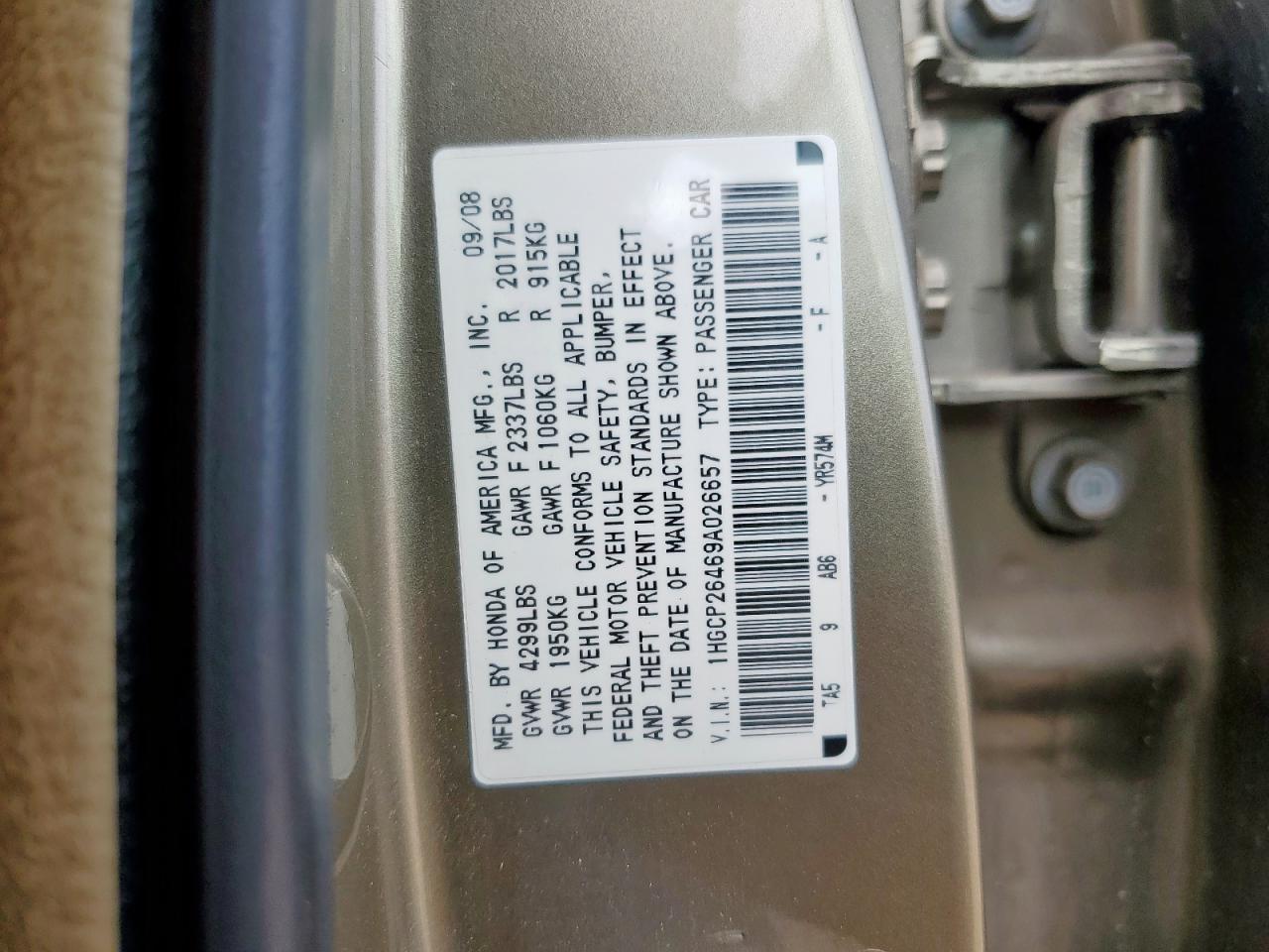 2009 Honda Accord Lxp VIN: 1HGCP26469A026657 Lot: 63755995