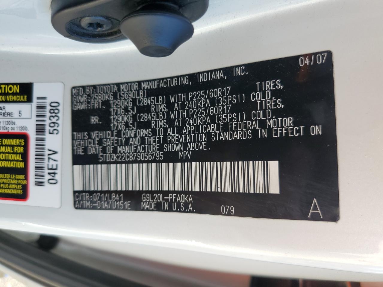 2007 Toyota Sienna Xle VIN: 5TDZK22C87S056795 Lot: 64111045