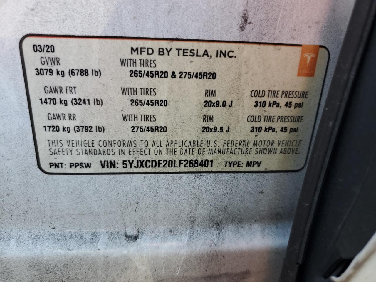 2020 Tesla Model X VIN: 5YJXCDE20LF268401 Lot: 64999615