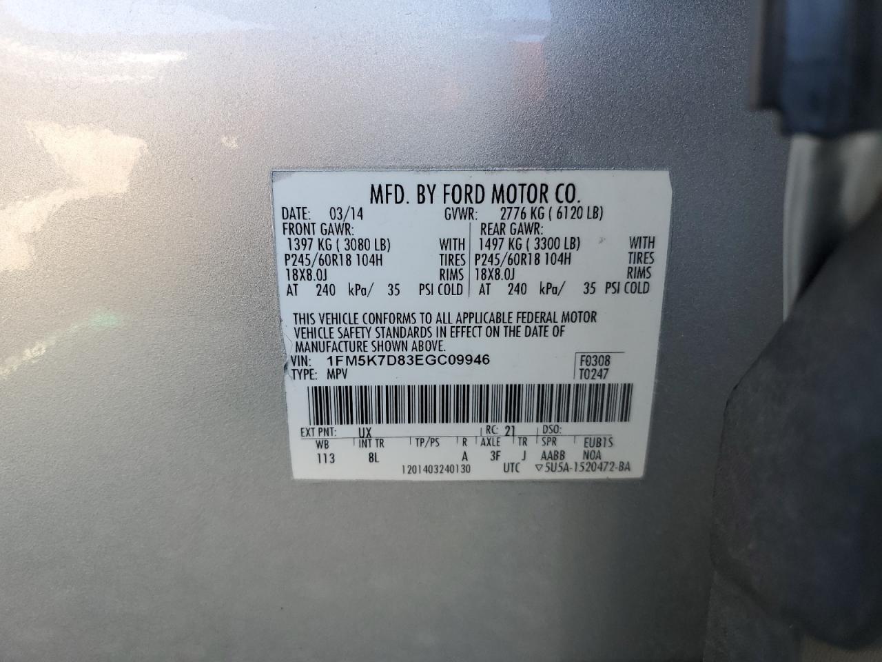 2014 Ford Explorer Xlt VIN: 1FM5K7D83EGC09946 Lot: 65077265