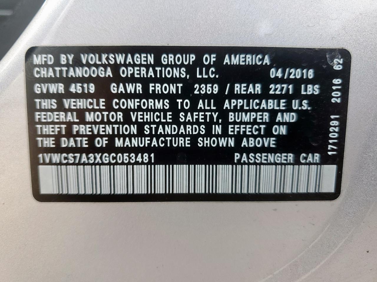 2016 Volkswagen Passat Sel VIN: 1VWCS7A3XGC053481 Lot: 65140505