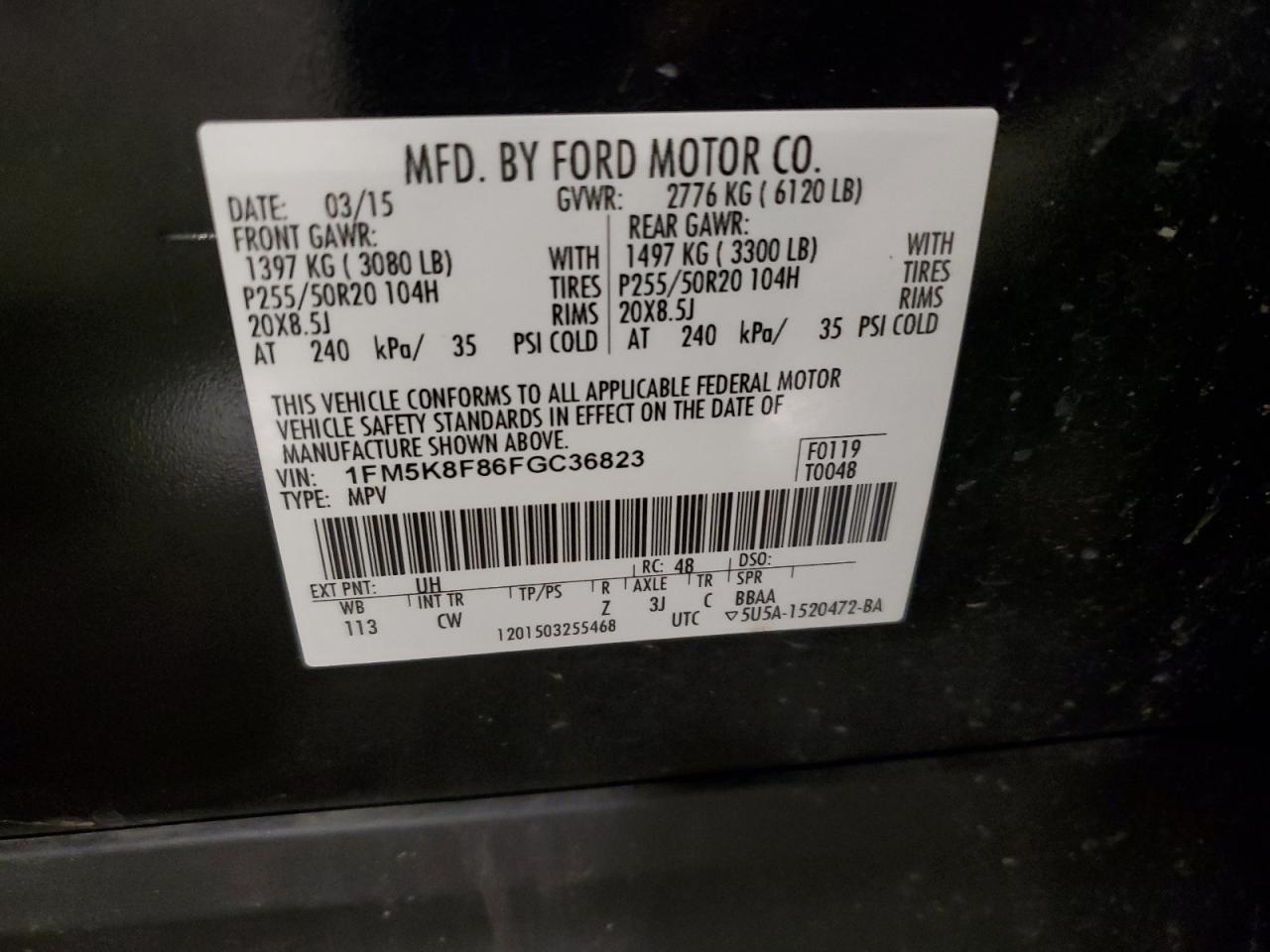 2015 Ford Explorer Limited VIN: 1FM5K8F86FGC36823 Lot: 64132525