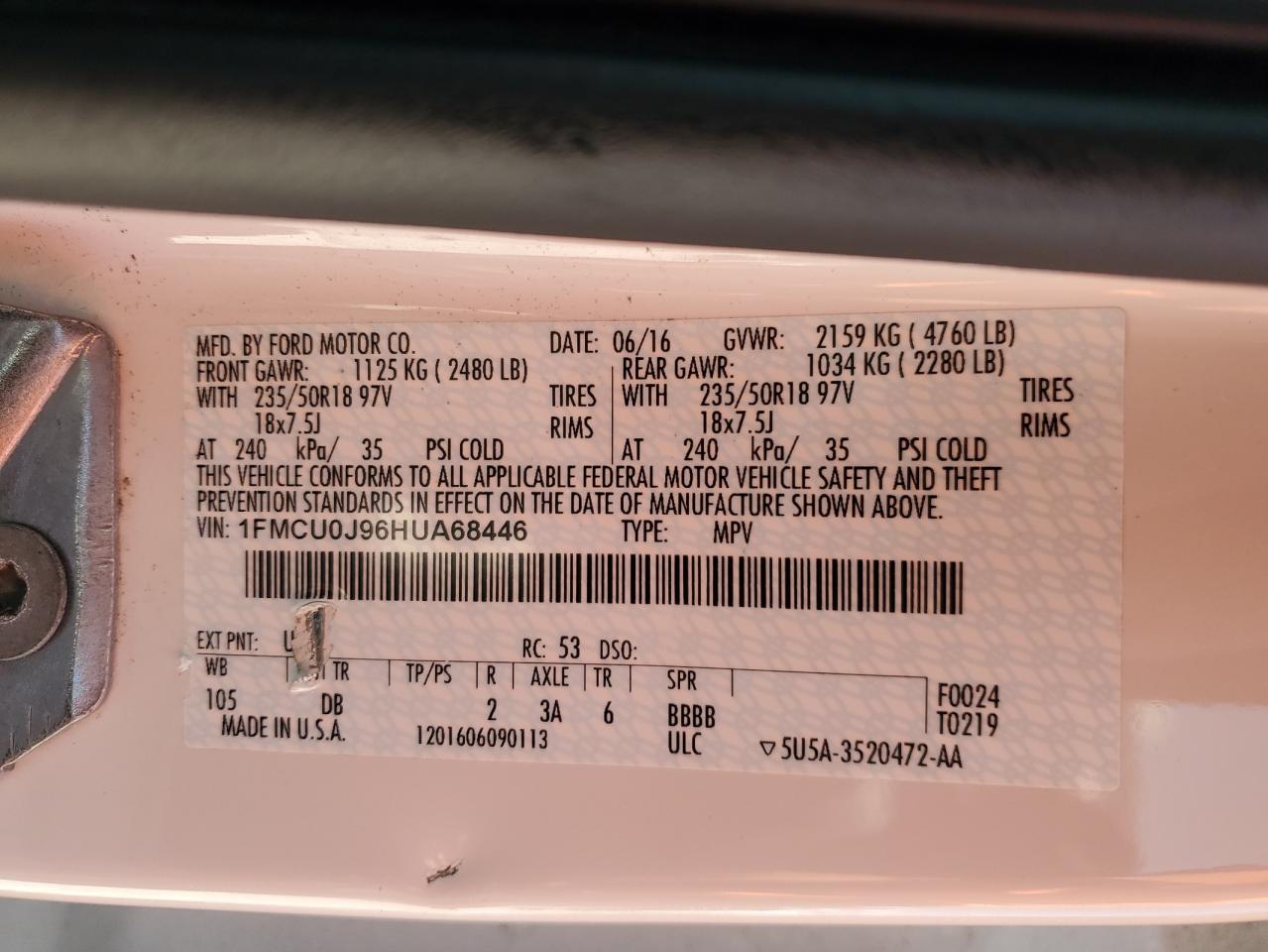 2017 Ford Escape Titanium VIN: 1FMCU0J96HUA68446 Lot: 65012945