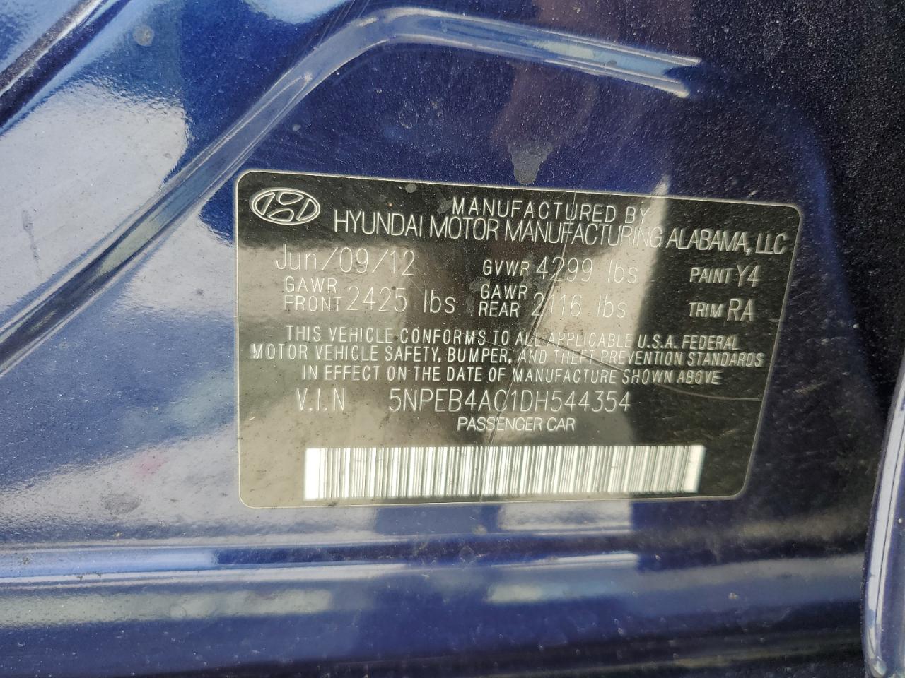 2013 Hyundai Sonata Gls VIN: 5NPEB4AC1DH544354 Lot: 64279495