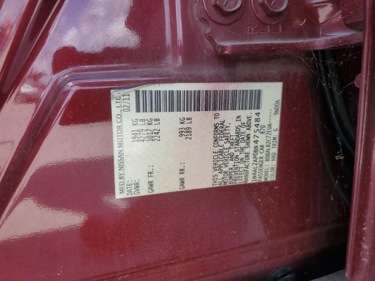 2011 Nissan Altima Base VIN: 1N4AL2AP0BN475484 Lot: 63646595