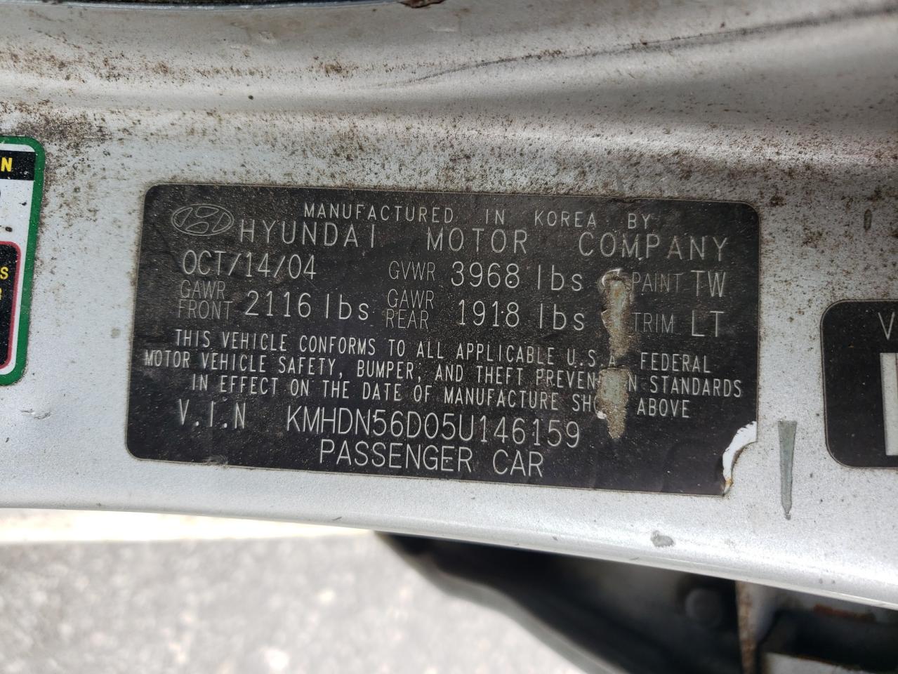 2005 Hyundai Elantra Gls VIN: KMHDN56D05U146159 Lot: 62590895