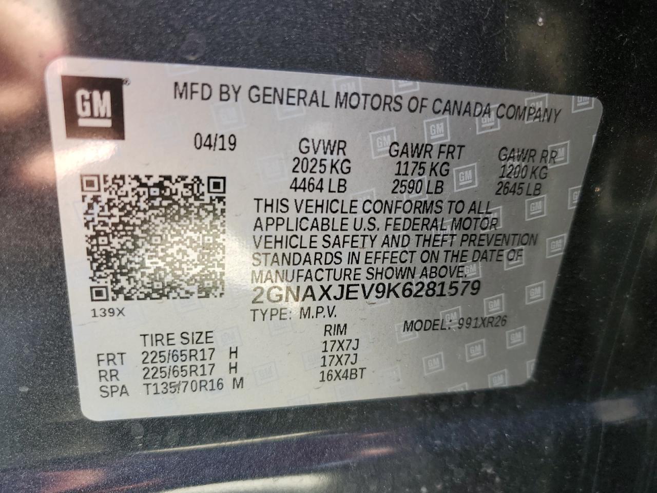 2019 Chevrolet Equinox Lt VIN: 2GNAXJEV9K6281579 Lot: 65092865