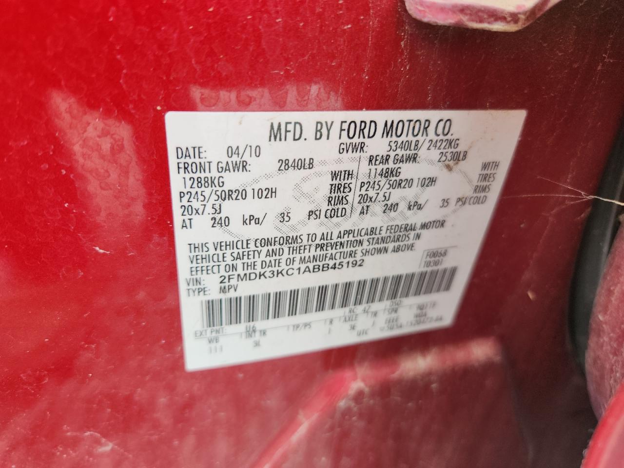 2010 Ford Edge Limited VIN: 2FMDK3KC1ABB45192 Lot: 67198535