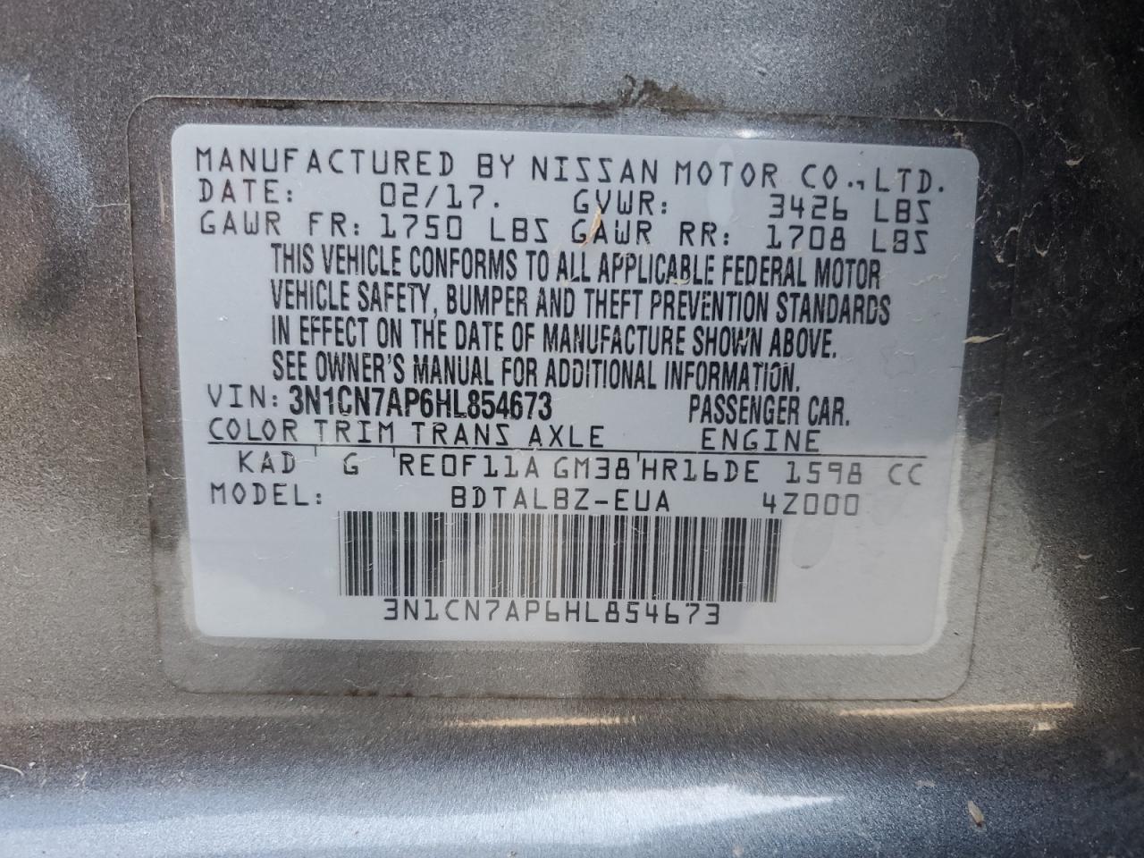 2017 Nissan Versa S VIN: 3N1CN7AP6HL854673 Lot: 64740475