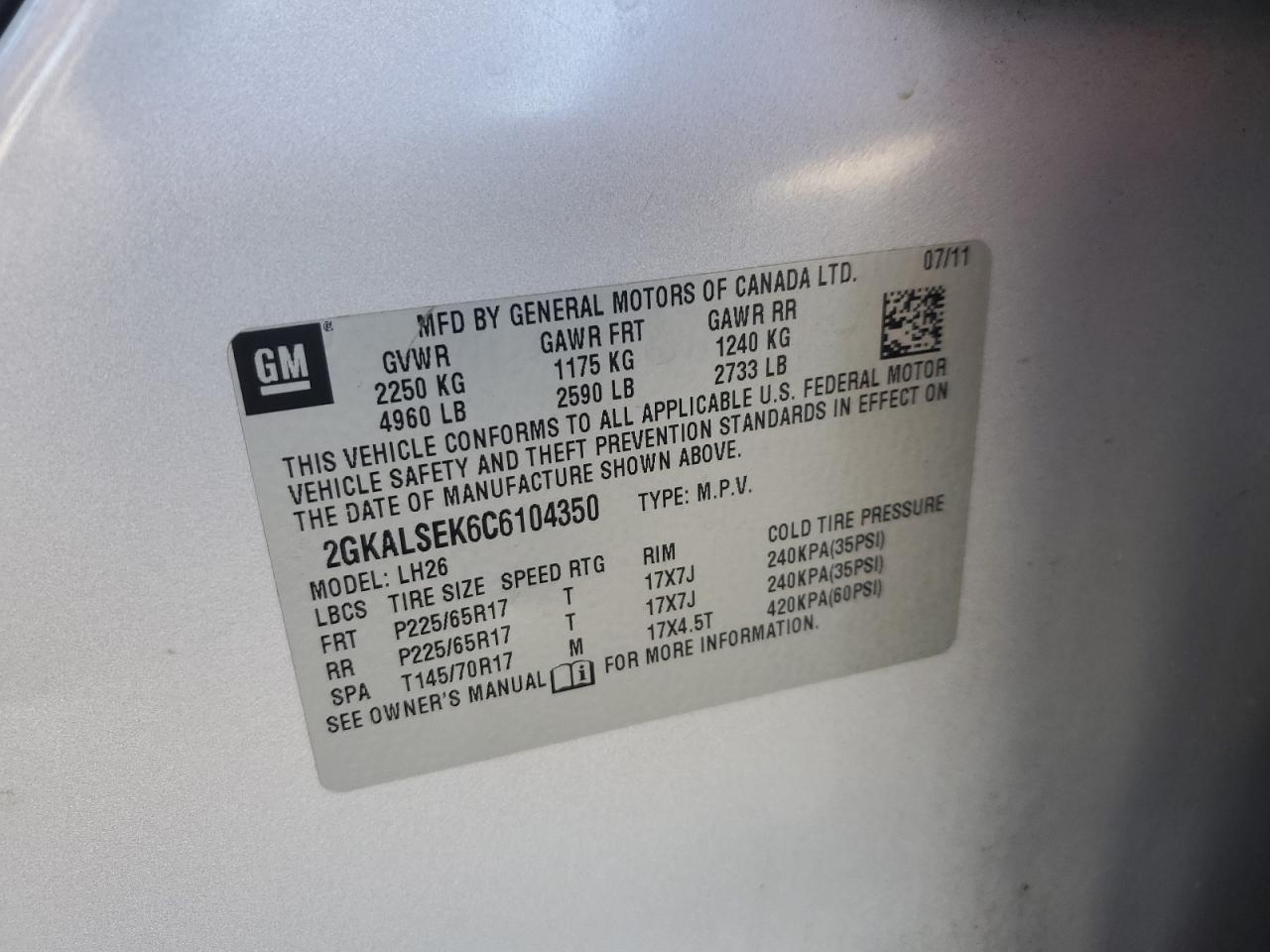 2012 GMC Terrain Sle VIN: 2GKALSEK6C6104350 Lot: 63054885