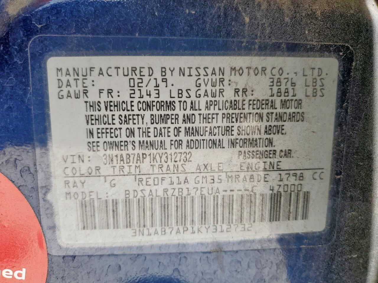 2019 Nissan Sentra S VIN: 3N1AB7AP1KY312732 Lot: 64833145