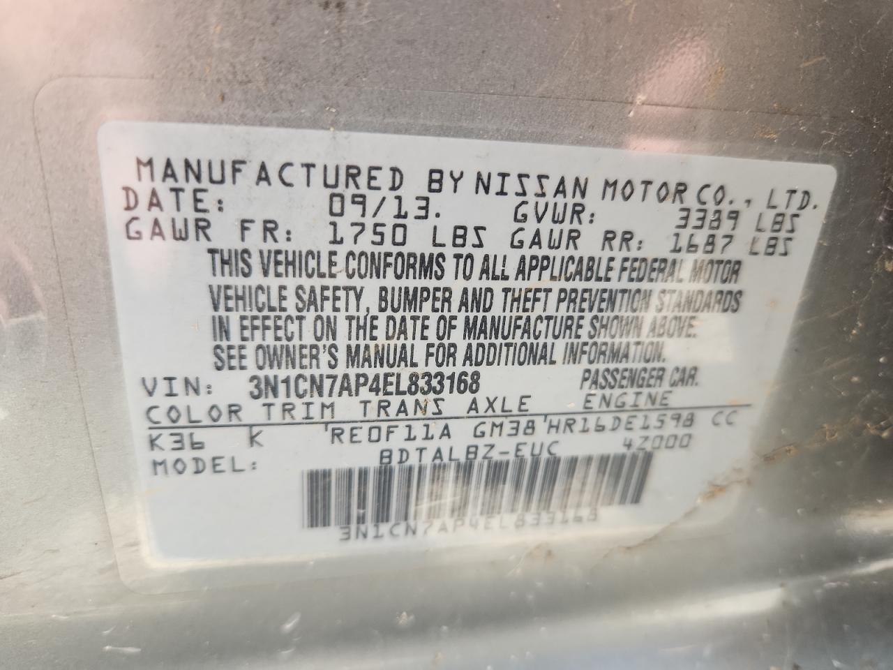 2014 Nissan Versa S VIN: 3N1CN7AP4EL833168 Lot: 64864095