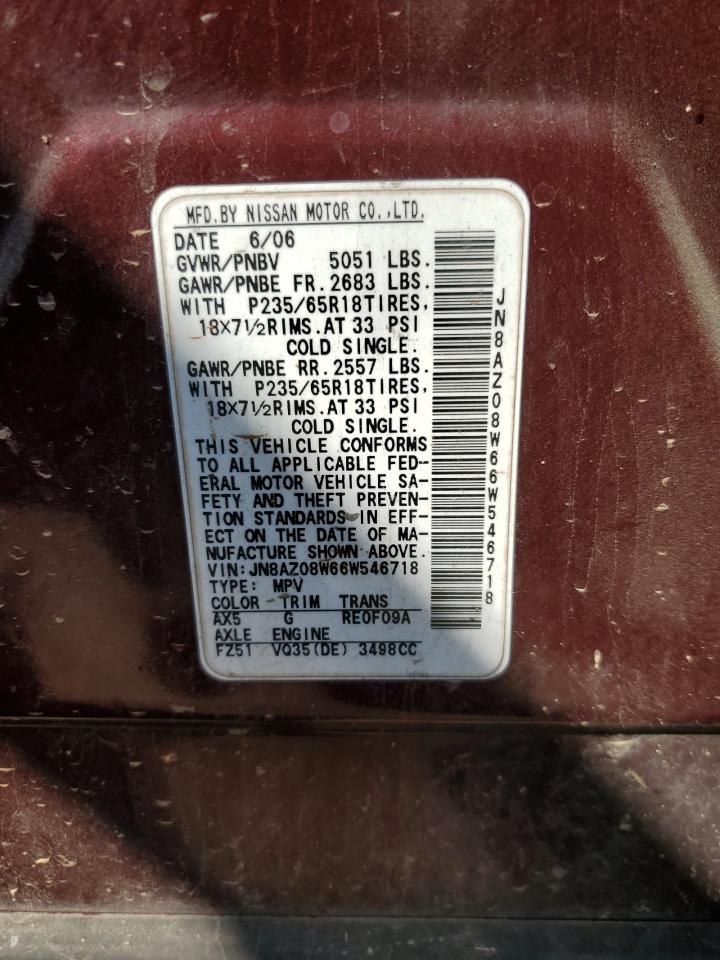2006 Nissan Murano Sl VIN: JN8AZ08W66W546718 Lot: 63016985