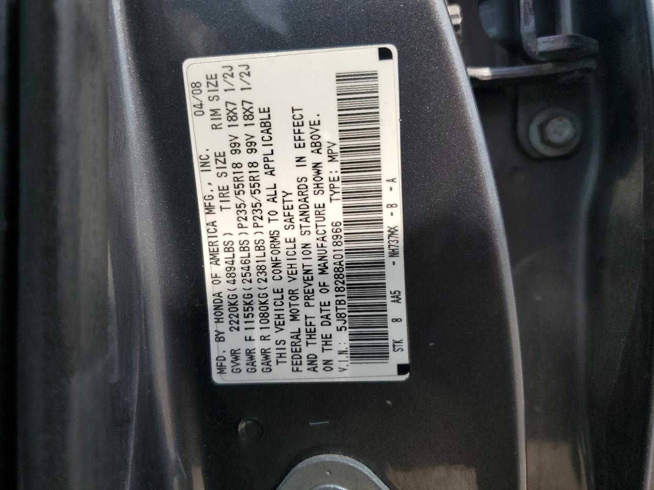 2008 Acura Rdx VIN: 5J8TB18288A018966 Lot: 65760185