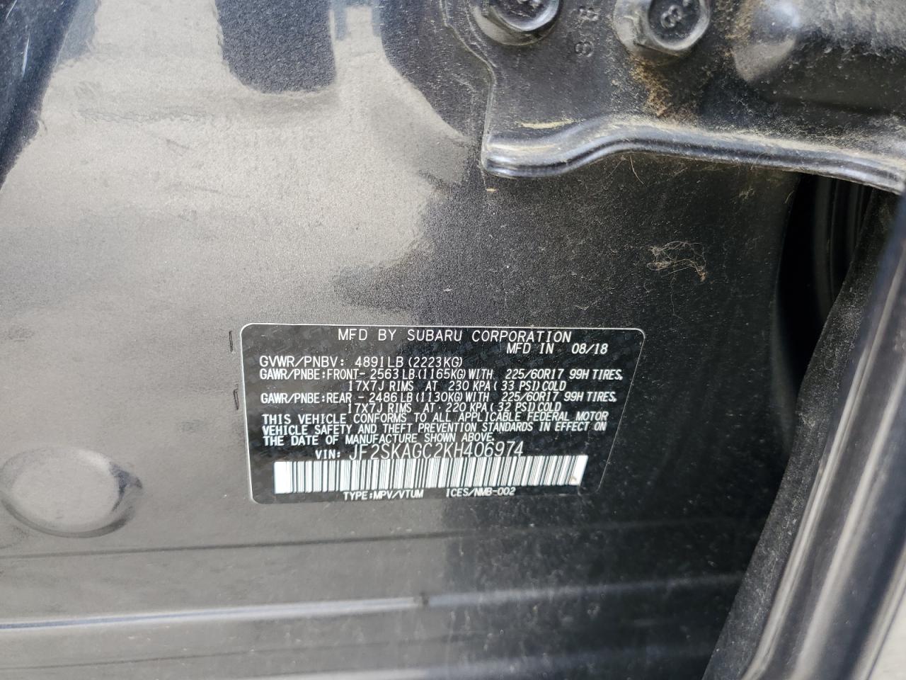 2019 Subaru Forester Premium VIN: JF2SKAGC2KH406974 Lot: 60799365