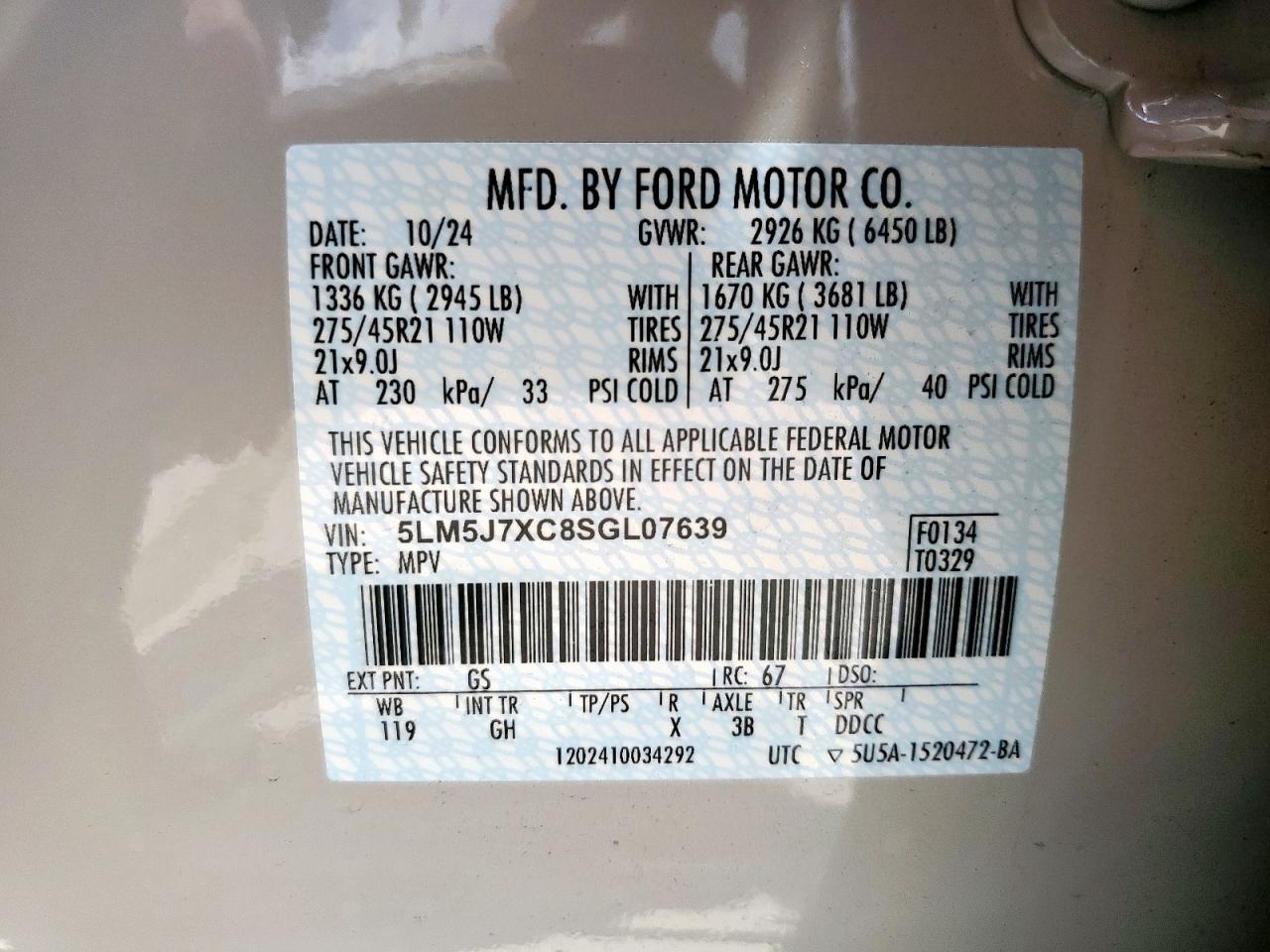 2025 Lincoln Aviator Reserve VIN: 5LM5J7XC8SGL07639 Lot: 65177775