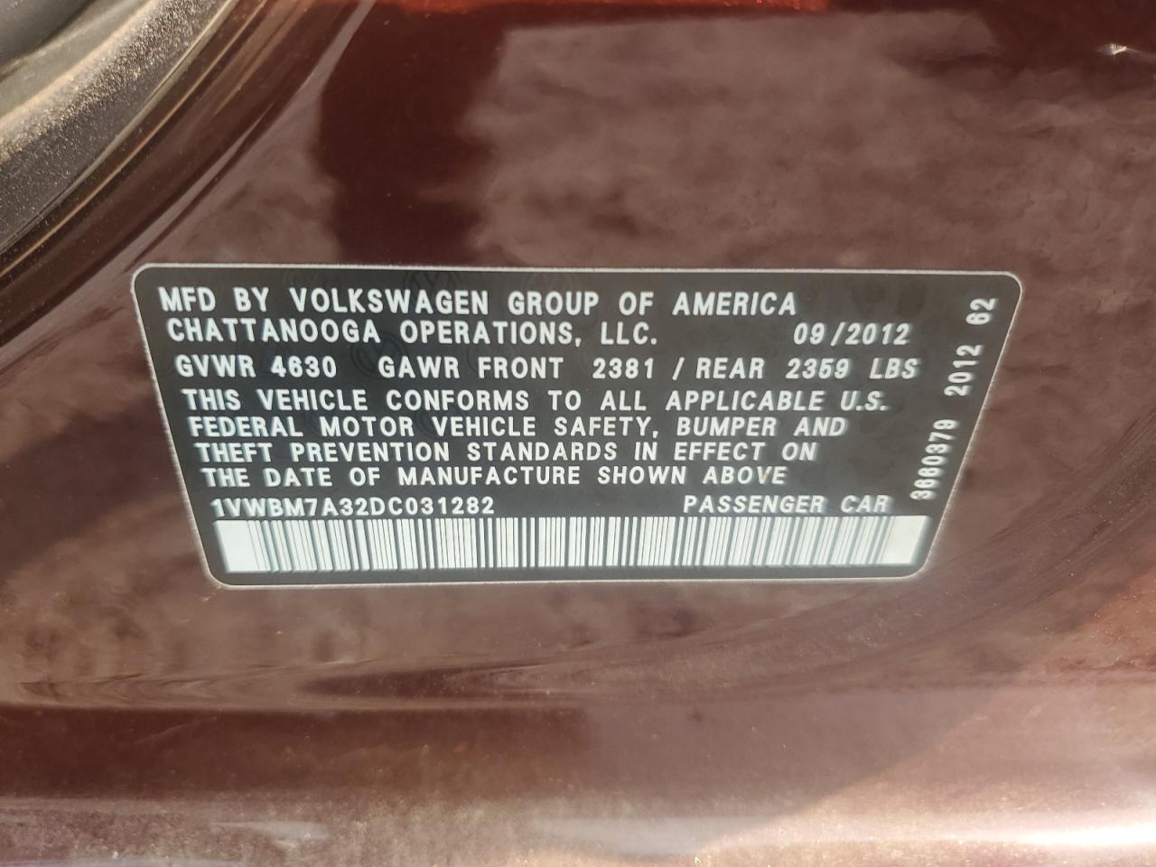 2013 Volkswagen Passat Se VIN: 1VWBM7A32DC031282 Lot: 64219315