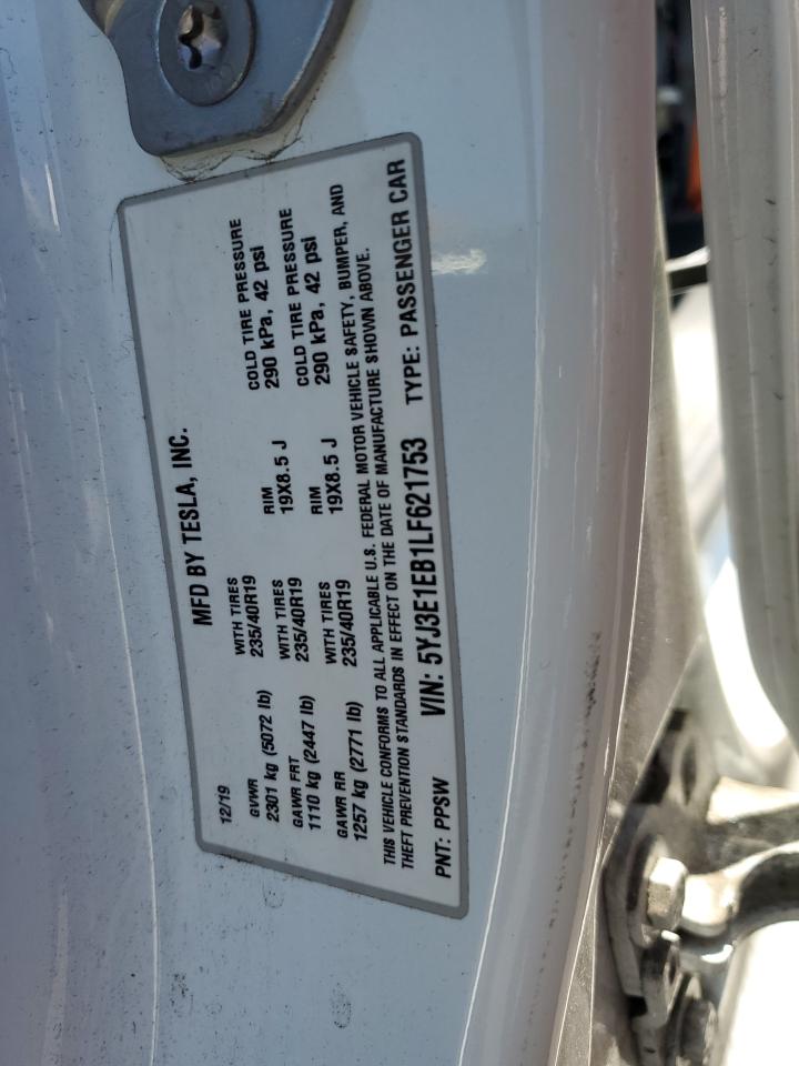 2020 Tesla Model 3 VIN: 5YJ3E1EB1LF621753 Lot: 65184535