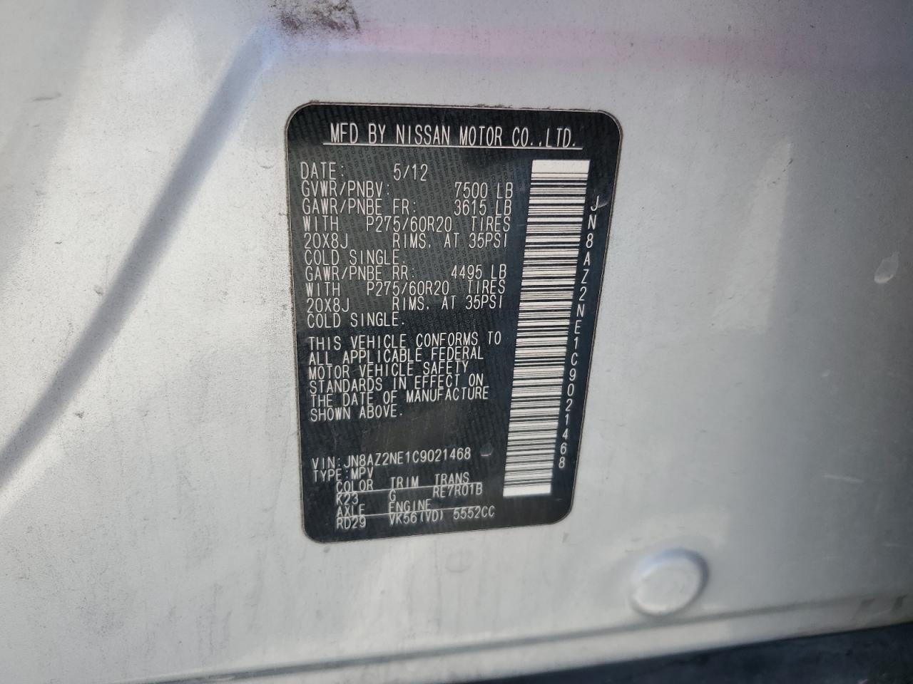 2012 Infiniti Qx56 VIN: JN8AZ2NE1C9021468 Lot: 63310535