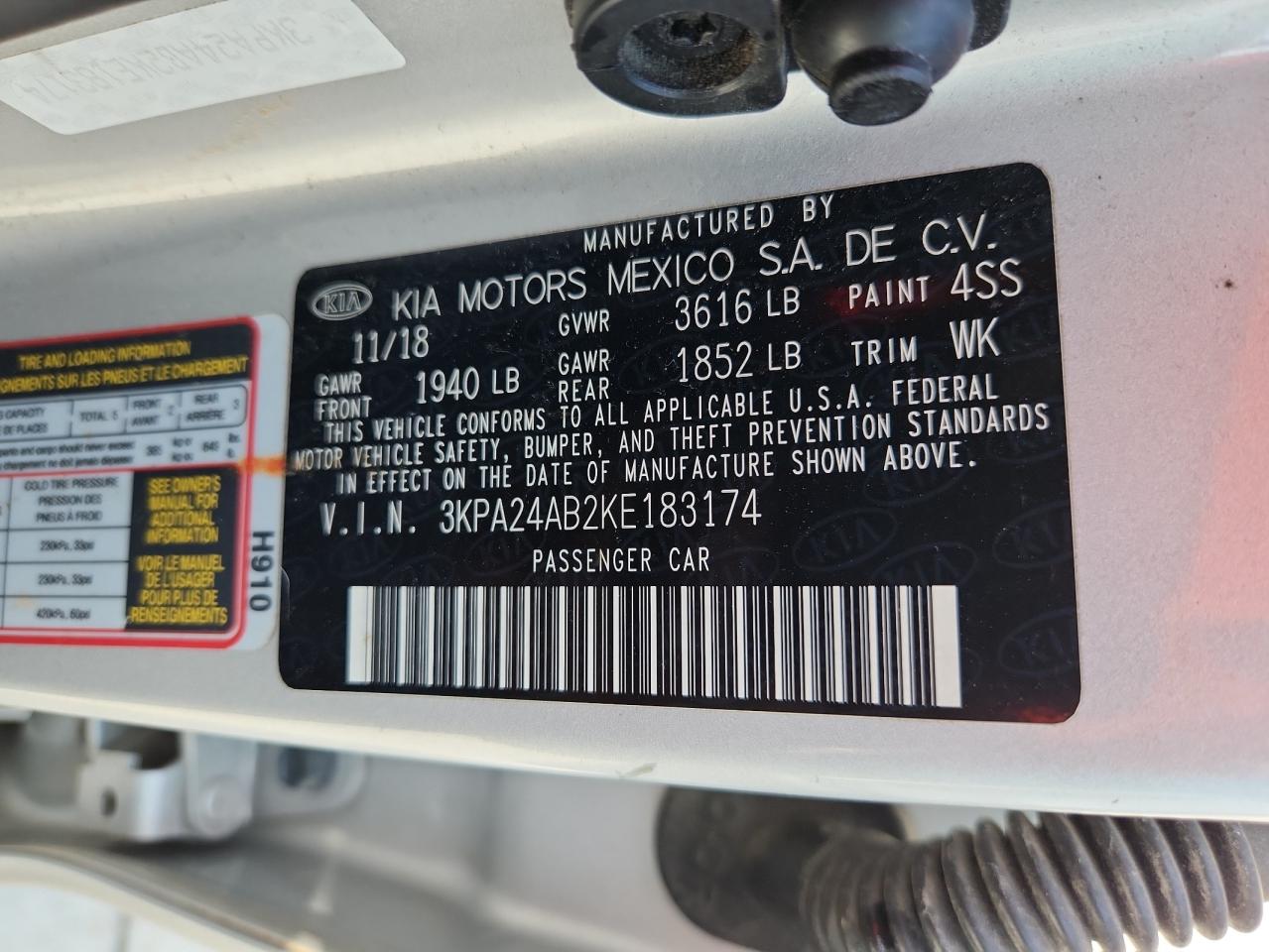 2019 Kia Rio S VIN: 3KPA24AB2KE183174 Lot: 63676465