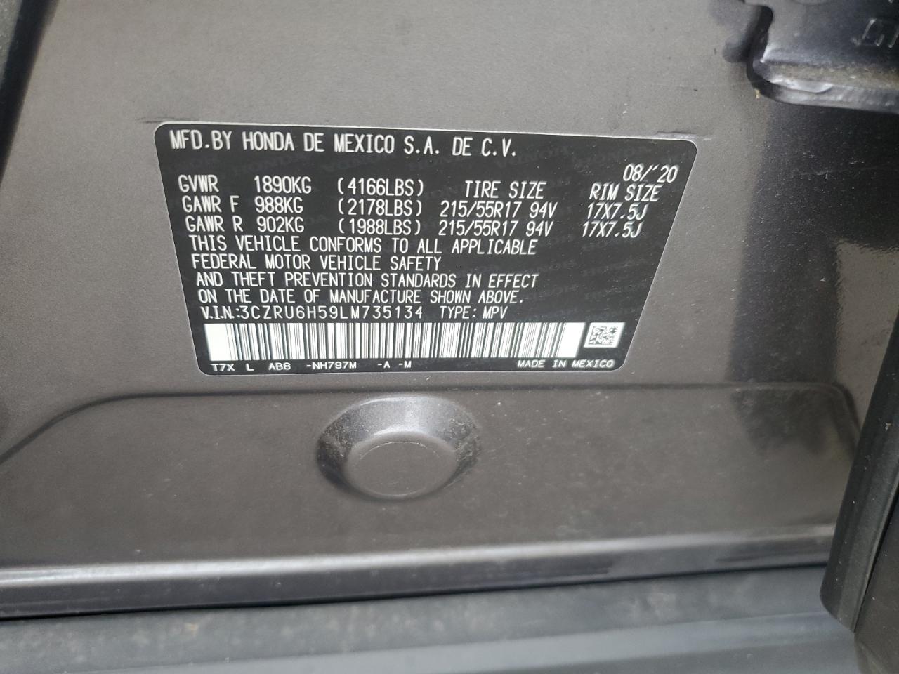 2020 Honda Hr-V Ex VIN: 3CZRU6H59LM735134 Lot: 60835925