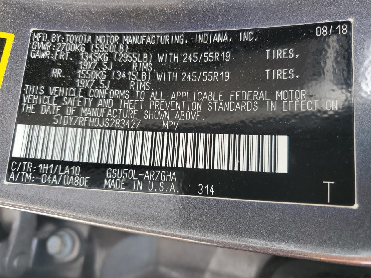 2018 Toyota Highlander Limited VIN: 5TDYZRFH0JS283427 Lot: 62351505
