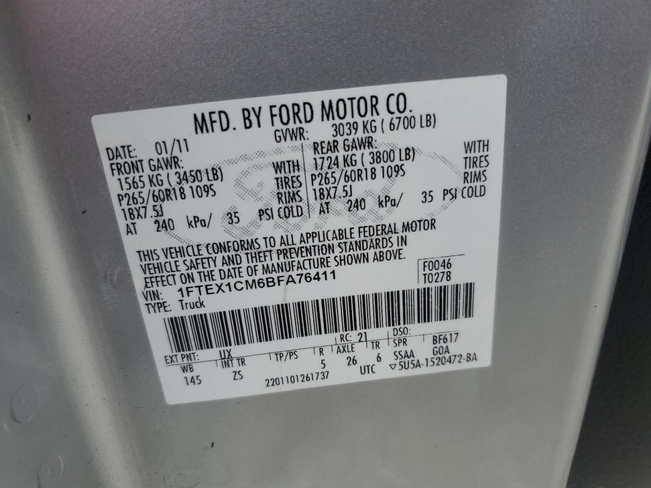 2011 Ford F150 Super Cab VIN: 1FTEX1CM6BFA76411 Lot: 64440135