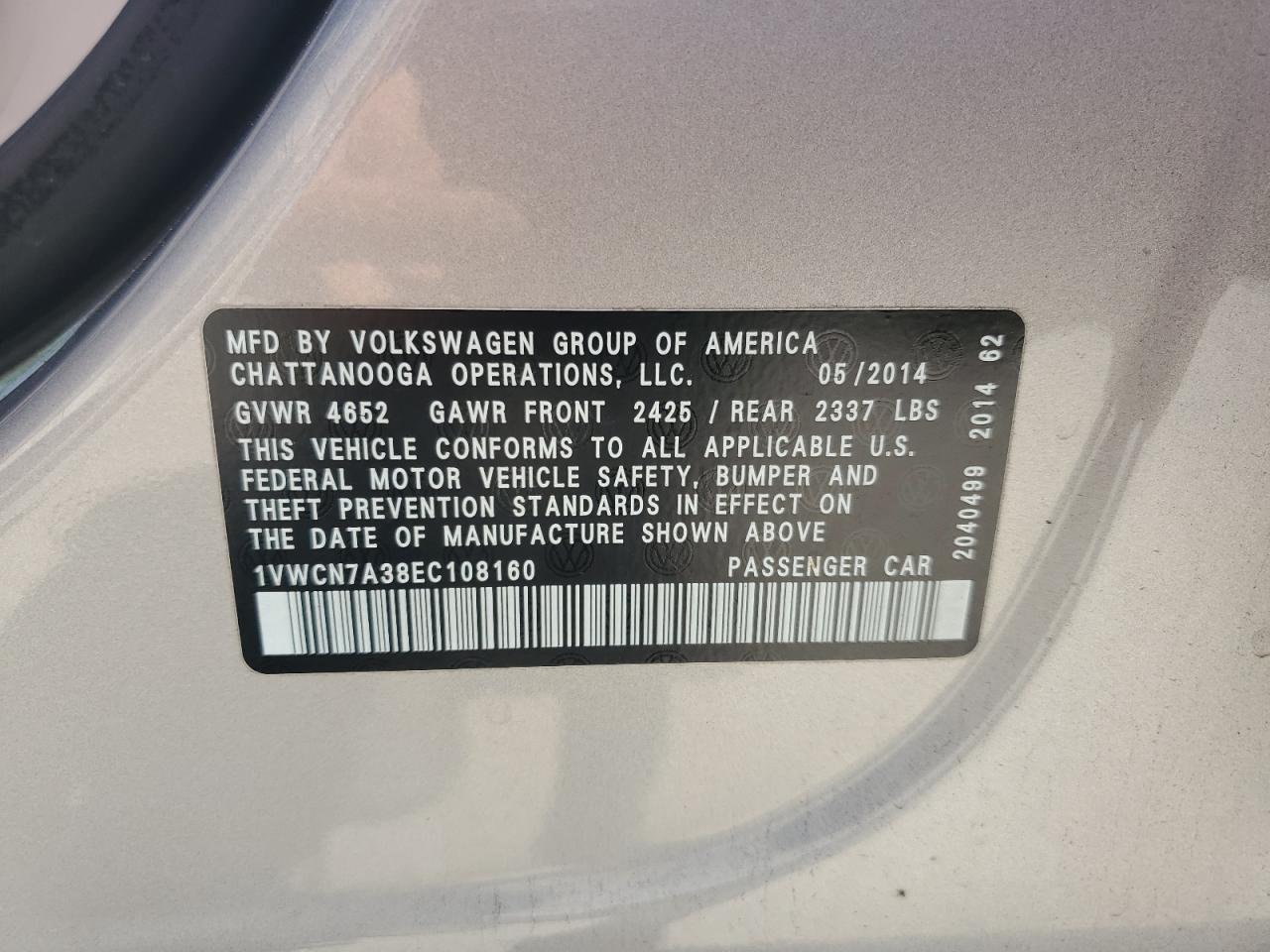 2014 Volkswagen Passat Sel VIN: 1VWCN7A38EC108160 Lot: 65411385