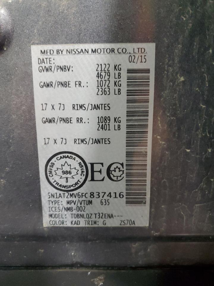 2015 Nissan Rogue S VIN: 5N1AT2MV6FC837416 Lot: 64959565