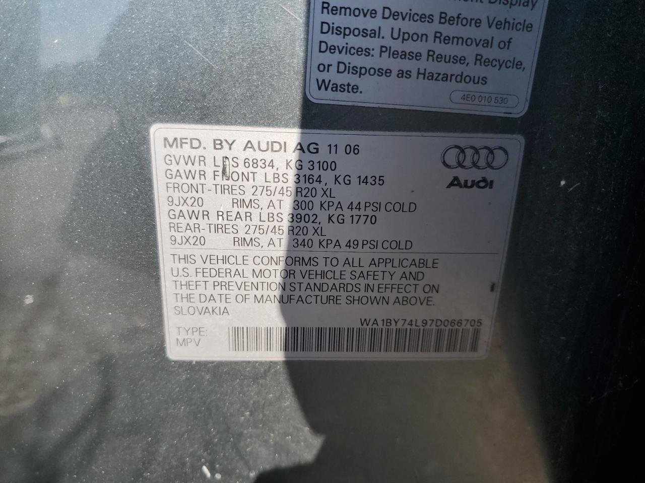 2007 Audi Q7 3.6 Quattro Premium VIN: WA1BY74L97D066705 Lot: 64004915
