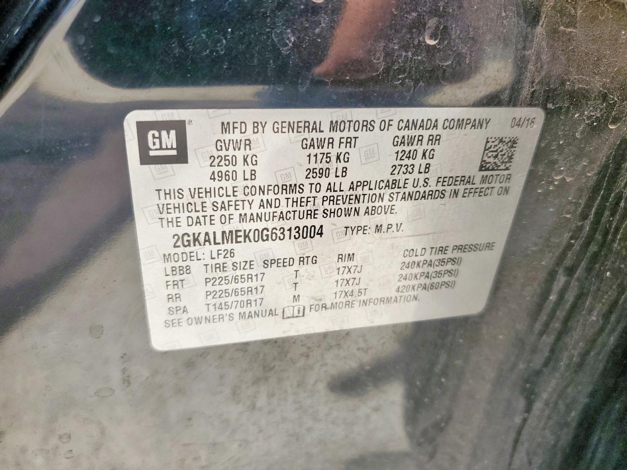 2016 GMC Terrain Sle VIN: 2GKALMEK0G6313004 Lot: 64245995