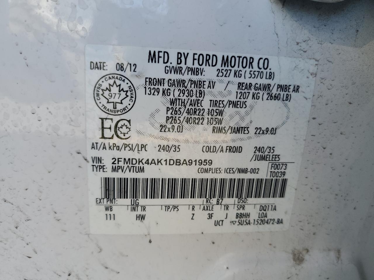 2013 Ford Edge Sport VIN: 2FMDK4AK1DBA91959 Lot: 64686565