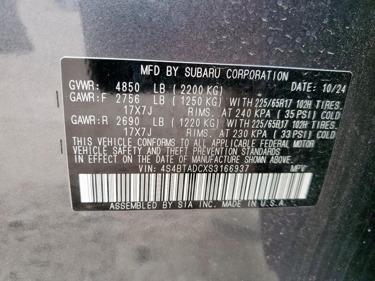 2025 Subaru Outback Premium VIN: 4S4BTADCXS3166937 Lot: 64864185