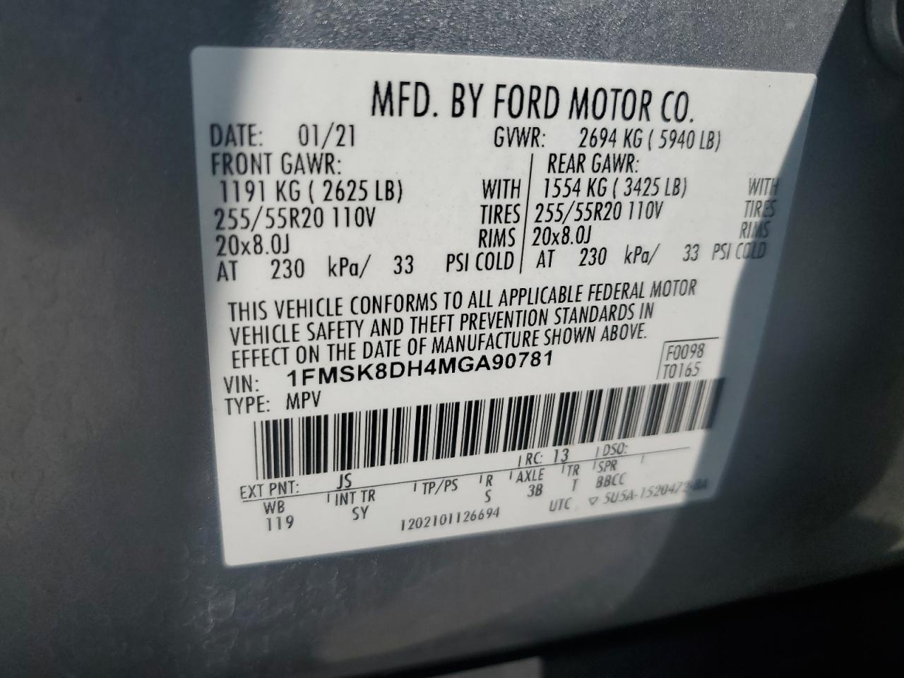 2021 Ford Explorer Xlt VIN: 1FMSK8DH4MGA90781 Lot: 65092625