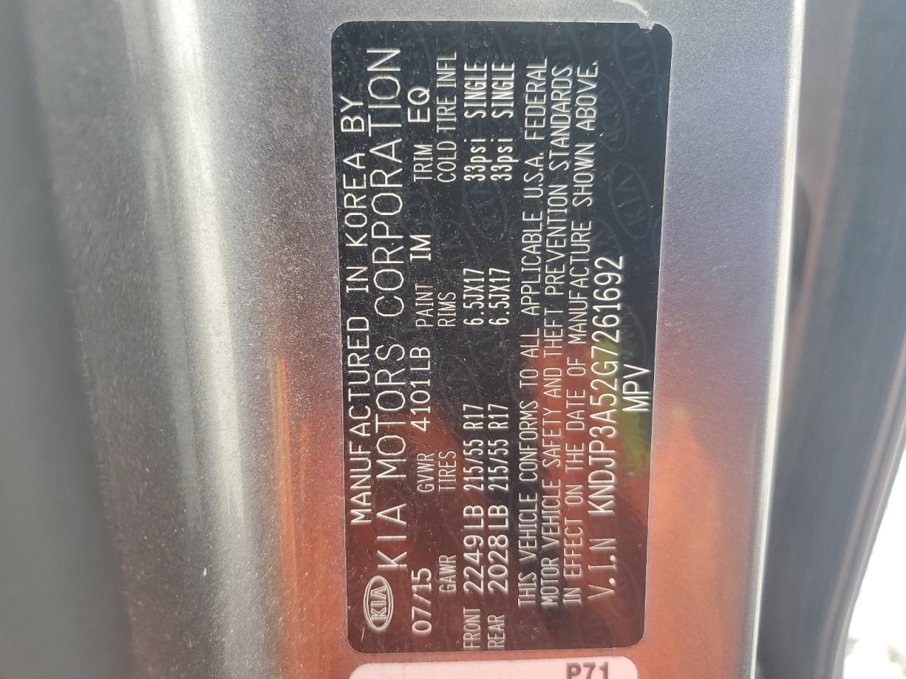 2016 Kia Soul + VIN: KNDJP3A52G7261692 Lot: 63988375