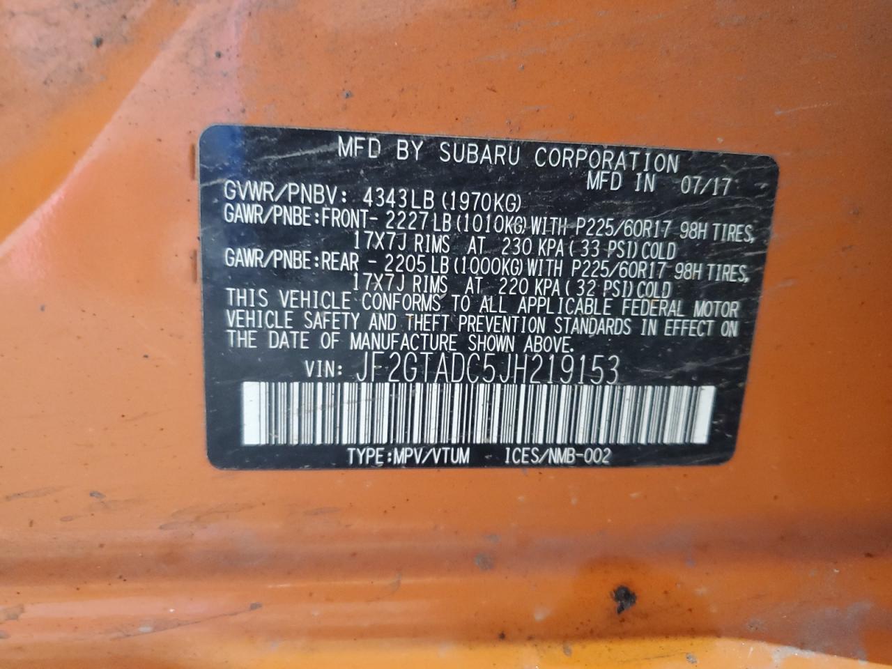 2018 Subaru Crosstrek Premium VIN: JF2GTADC5JH219153 Lot: 64547335