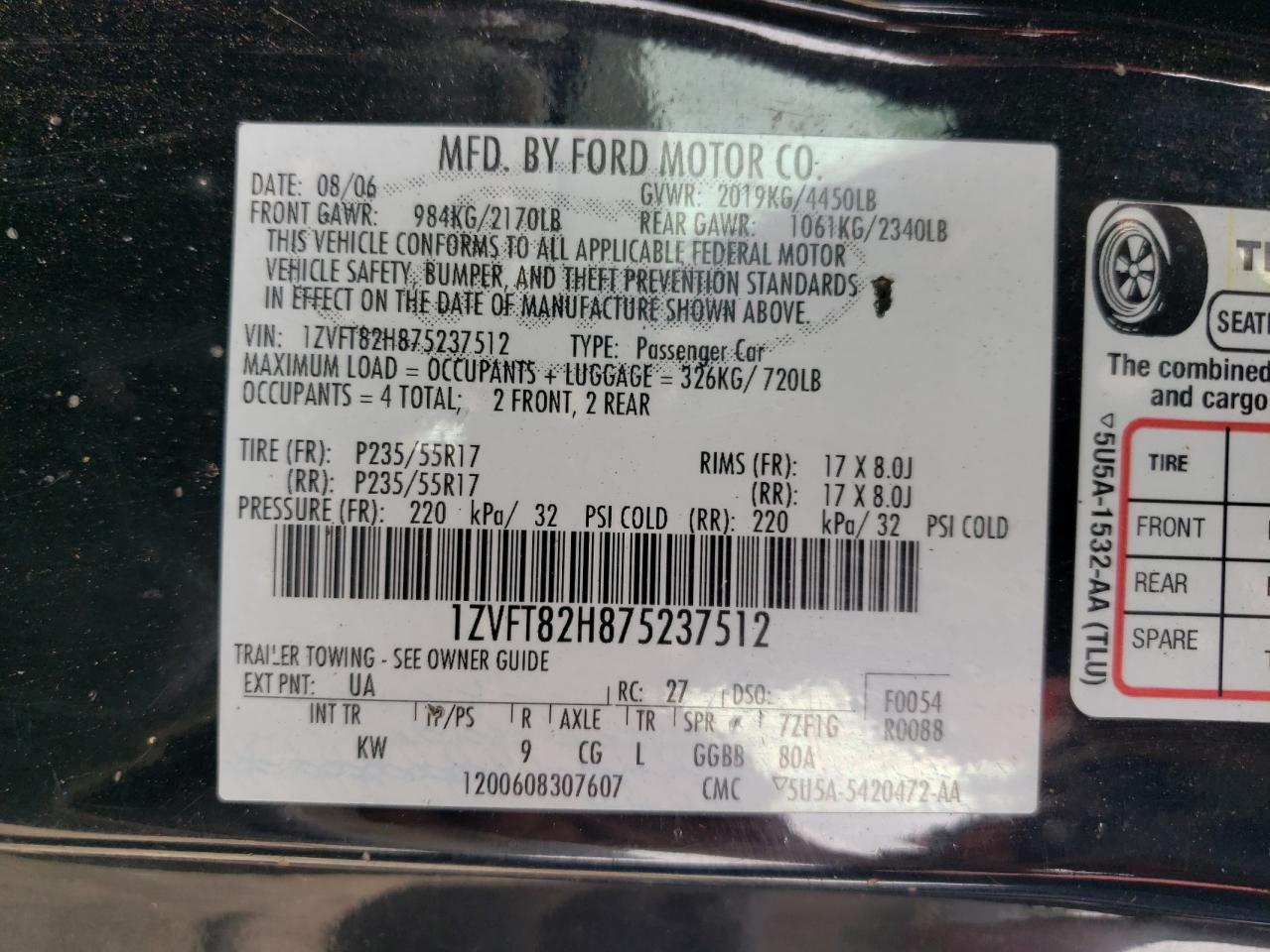 2007 Ford Mustang Gt VIN: 1ZVFT82H875237512 Lot: 64365565