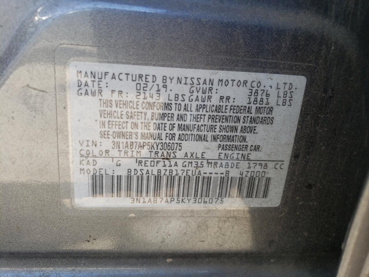 2019 Nissan Sentra S VIN: 3N1AB7AP5KY306075 Lot: 64750295