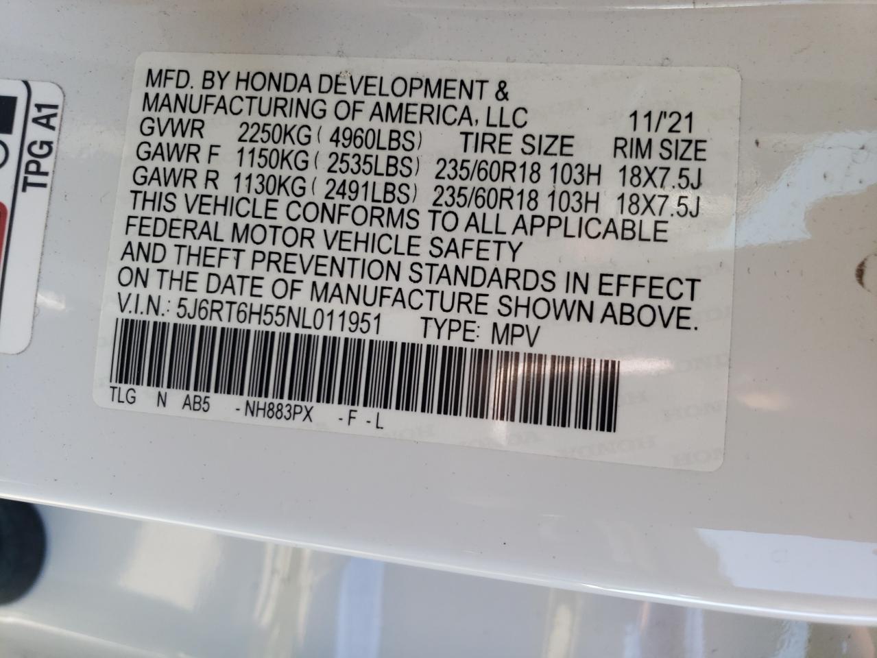 2022 Honda Cr-V Ex VIN: 5J6RT6H55NL011951 Lot: 63121705
