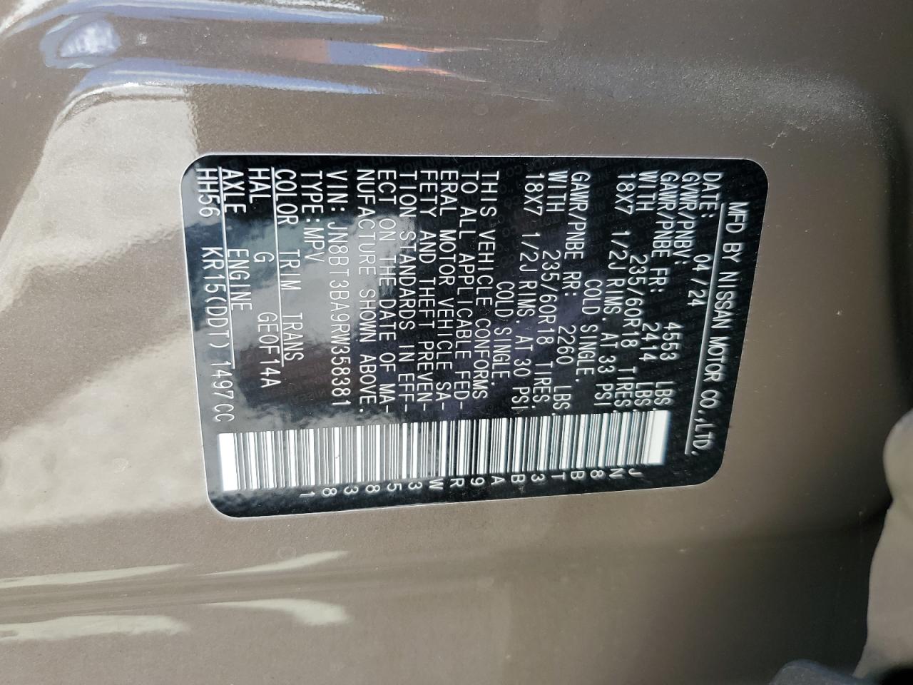 2024 Nissan Rogue Sv VIN: JN8BT3BA9RW358381 Lot: 64108705